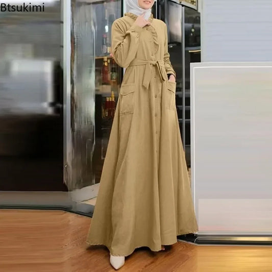 2025 Fashion Arab Style Lace-up Maxi Dress for Women Muslim Abaya Vintage Plain Long Dresses Hijab Islamic Robe Elegante Femme.