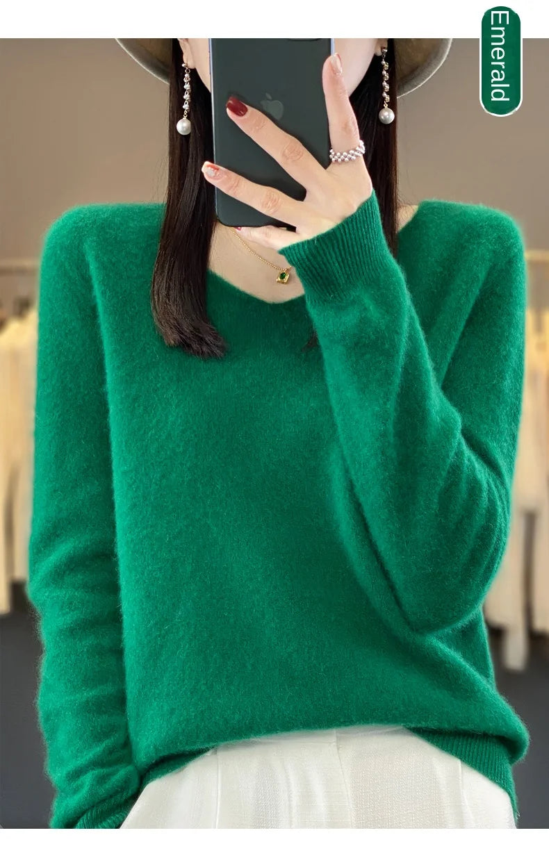 2024 100% Merino Reine Wolle V-ausschnitt Herbst Und Winter Pullover Pullover Neue Kaschmir Pullover frauen Beiläufige Gestrickte Top DMR201