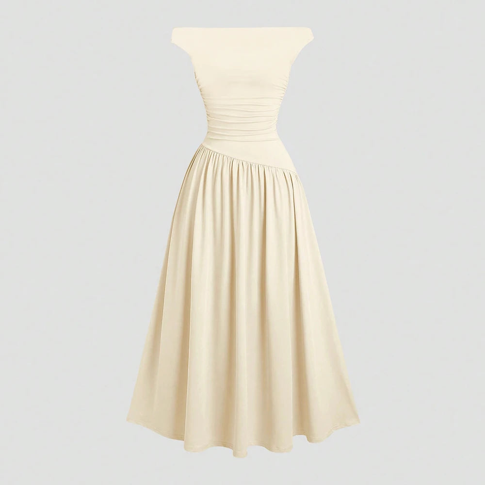 Mia Muse Kleider Sommer Französisch Einfarbig Asymmetrische Falten Ärmellose One-Shoulder Drapierte Midi Basics Kleider Für Frauen