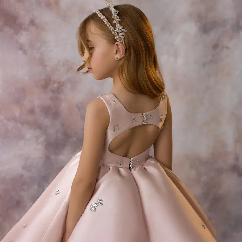 Luxus-Kleider für Kinder, rosa Satin-Prinzessinnenkleid für Mädchen, Klavieraufführung, formeller Abschlussball, Party, Geburtstag, Hochzeit, geschwollenes Kleid