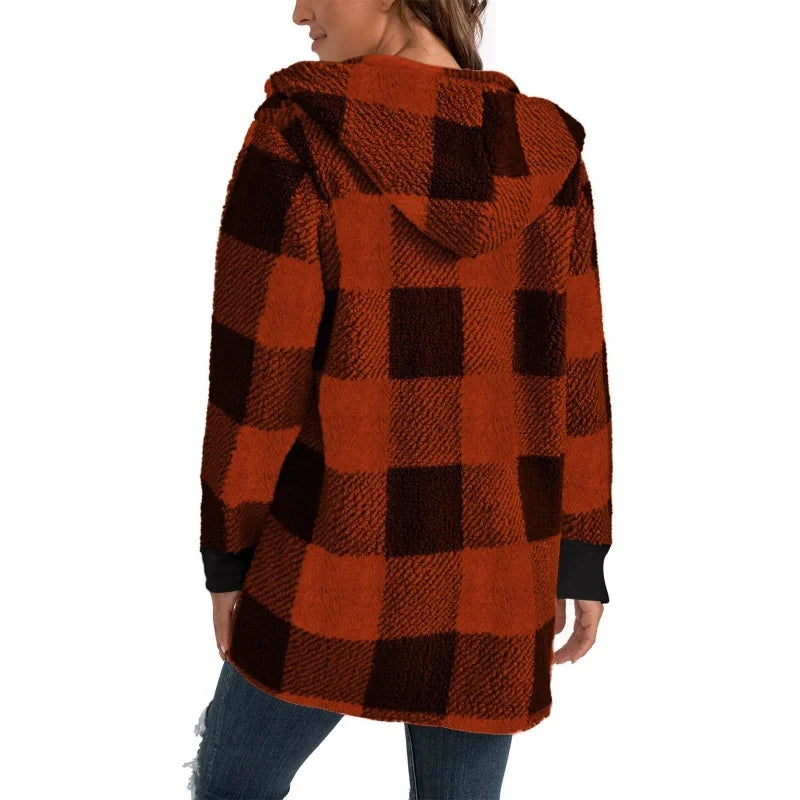 Frauen Herbst Winter Doppel Fleece Plaid Strickjacke Weiche Lose Lange Hülse Plüsch Warme Mit Kapuze Jacke Weibliche Patchwork Oberbekleidung Mantel