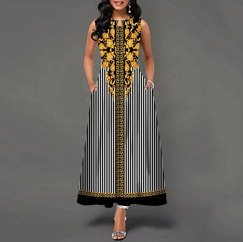 Blumendruck Neues lässiges ärmelloses langes Kleid Damen V-Ausschnitt bedrucktes Kleid Swing Bohemian Retro Kleider
