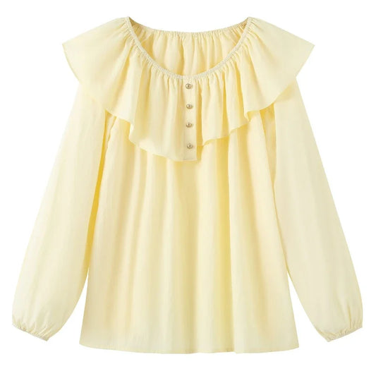 2025 French Large Size Long Sleeve O-neck Solid Color Loose Ruffle Shirt Ladies Spring Autumn Plus Size Blouses for Women.