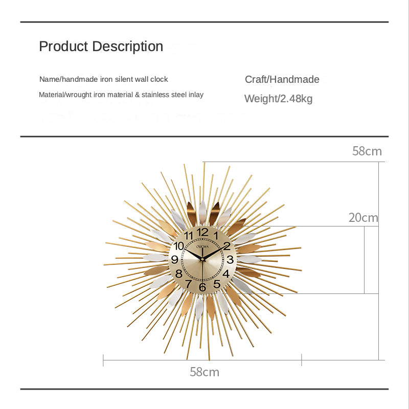Strahlende Sonnenwanduhr mit goldenen Eisenstangen und Eisenplatten mit orangefarbenen Flammen, robustes Design, symbolisiert Hoffnung und Wohlstand