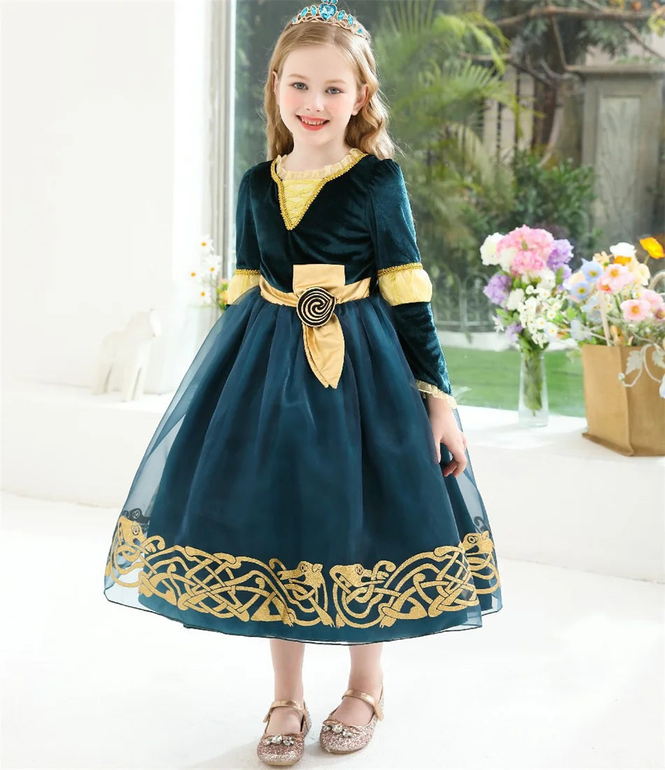 Girls Merida Cosplay Princess Dress Children Stage Performance Clothes Kids Halloween Carnival Party Long Sleeves Outfits
