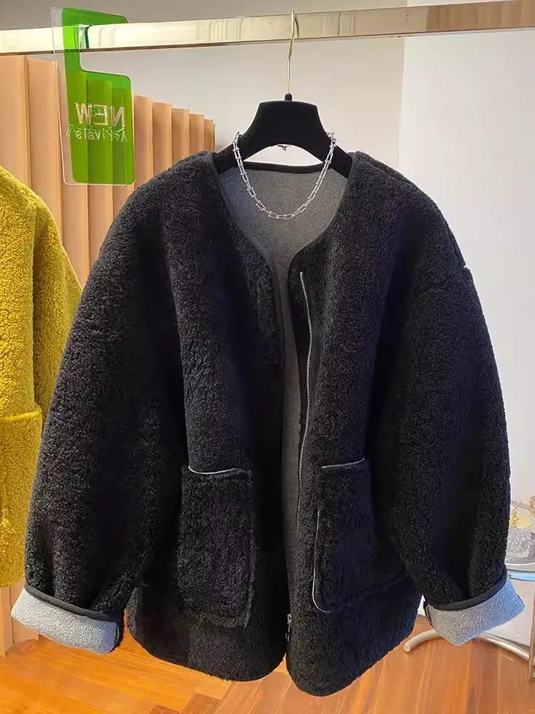 Hochwertige Lammwolljacke für Damen, lockerer warmer Samtmantel, 2025, neuer Frühling und Herbst, große Taschen, modische Oberbekleidung, M-3XL