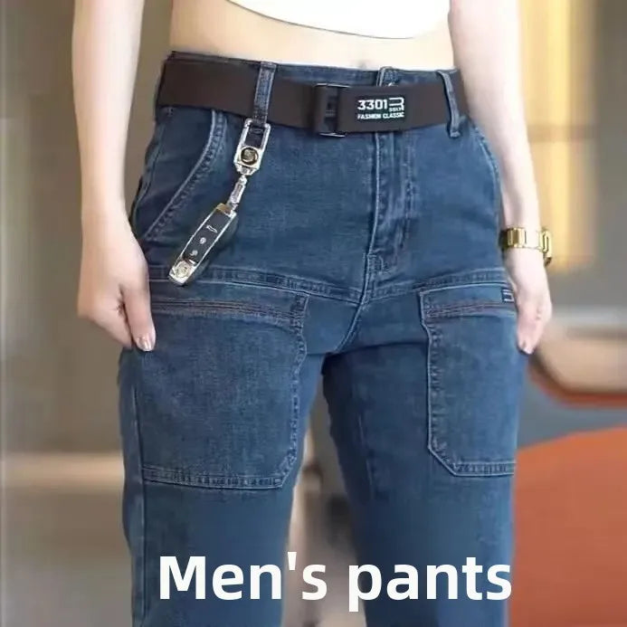 Elastische Herrenjeans, lässig, lockere Passform, mehrere Taschen, sechs Taschen, vielseitig, stilvoll, trendig, lockere Hose, männliches Modell