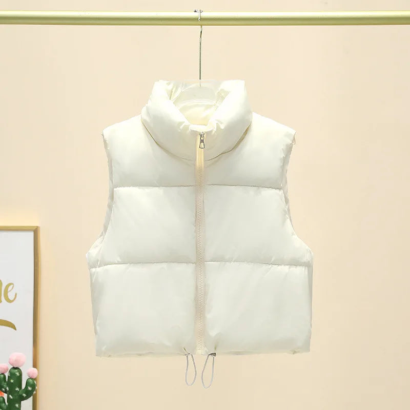 Herbst Winter Kurze Baumwolle Weste Elegante Solide Zipper Ärmel Stehkragen Warme Stepp Weste Mäntel Reise Jacke Im Freien