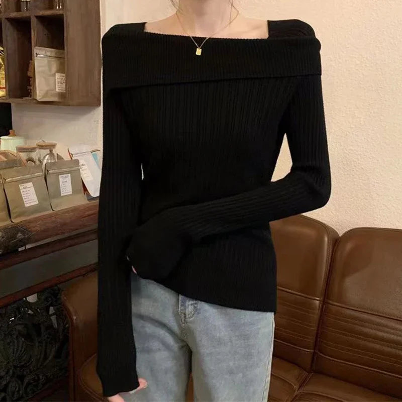 Solide Sexy Schlank Off Schulter Slash Neck Langarm Stricken Pullover Frauen Jumper Büro Mode Neue