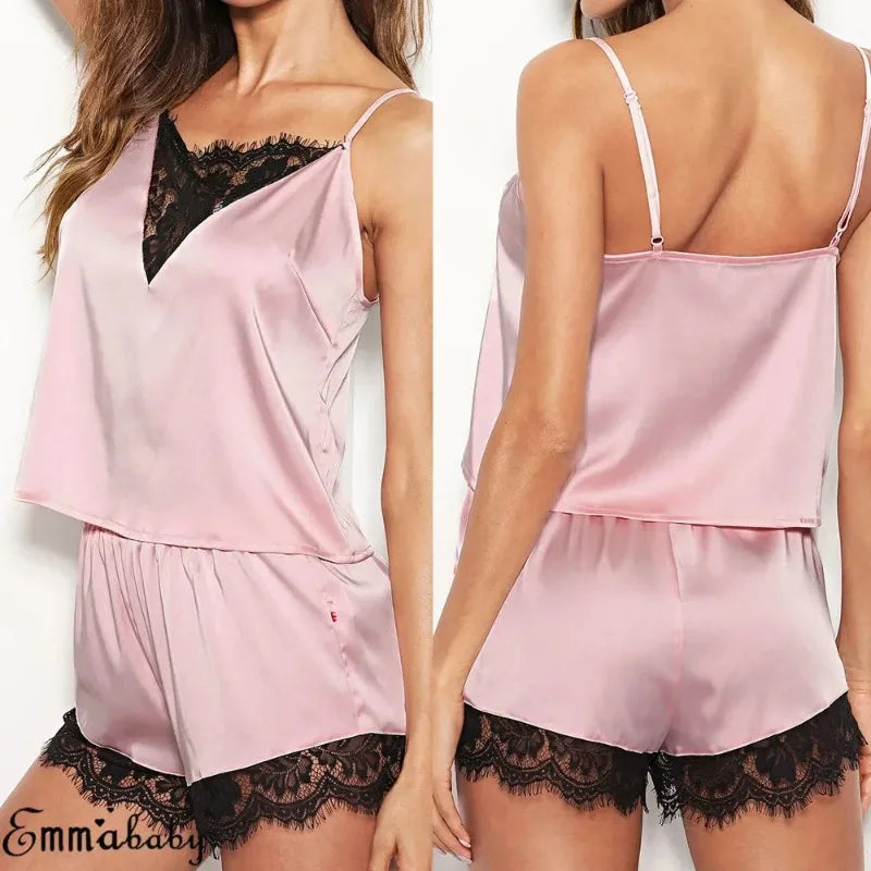 Frauen Eis Seide Pyjama Nachtwäsche Pyjama Set Nachthemden Nachthemd Leibchen Shorts schwarz rot l xl Spitze lässig sexy glatt 파자