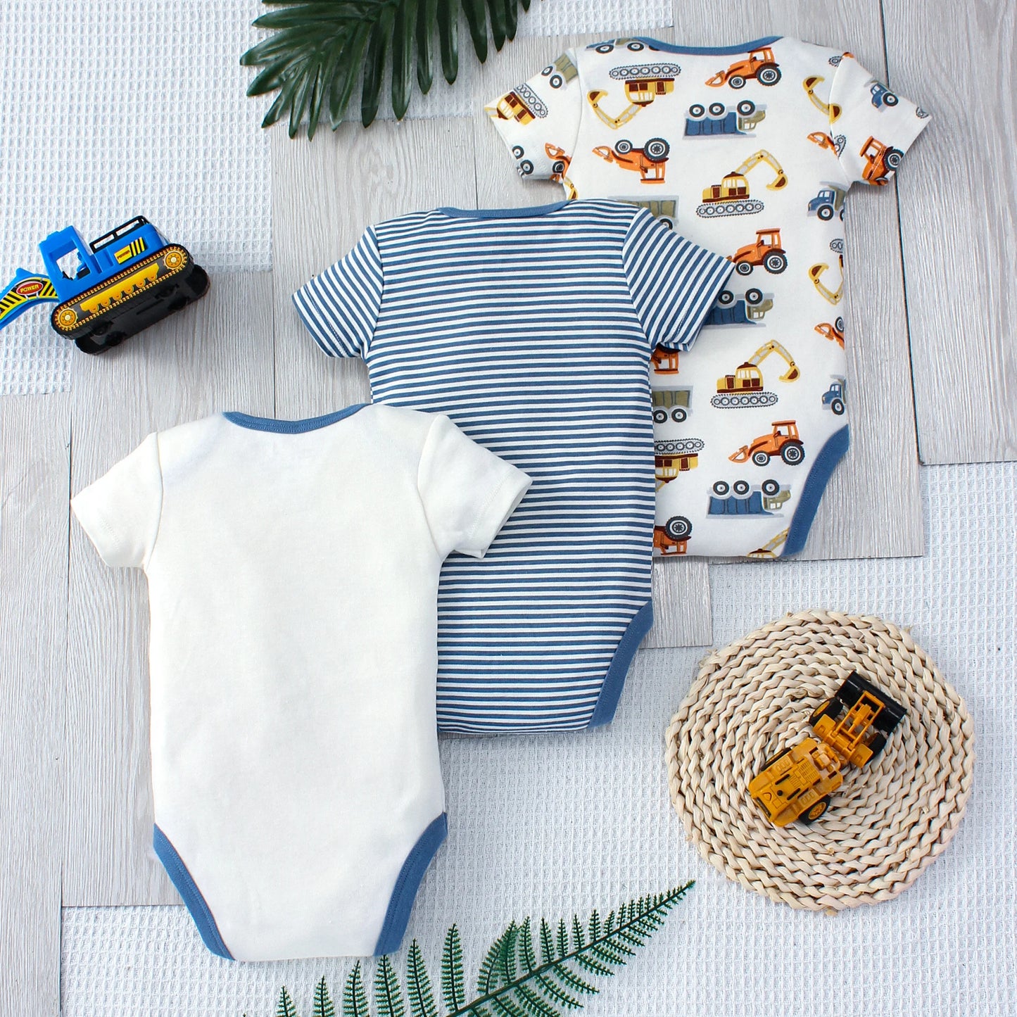 3PCS Sommer Jungen Baby Body Drei stück Set Cartoon Lkw und Streifen Muster Kurzarm Taste Design Dreieck body