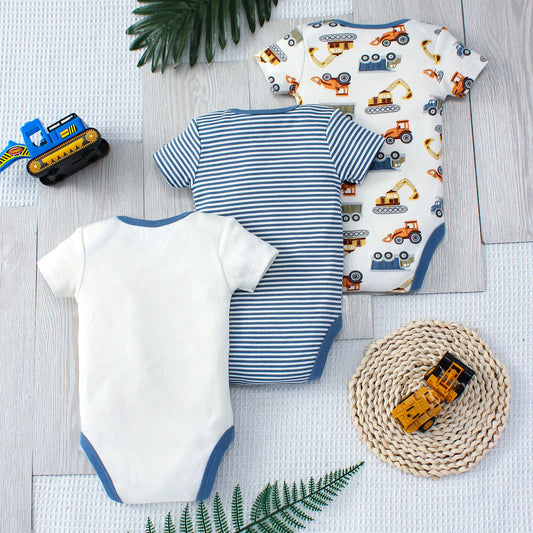 3PCS Sommer Jungen Baby Body Drei stück Set Cartoon Lkw und Streifen Muster Kurzarm Taste Design Dreieck body.