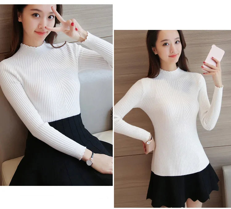 Frauen Mock Neck Rüschen Pullover Langarm Gestrickte Bodenbildung Solide Pullover Frauen Casual Streifen Pullover Herbst Winter 2023