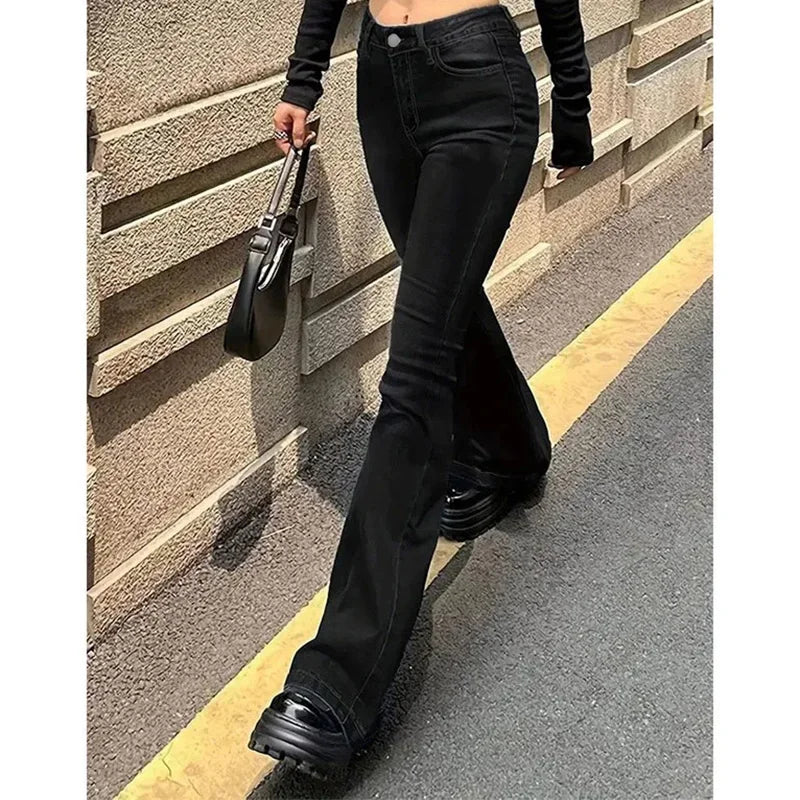 2025Mädchen Concise Ins Hohe Taille Ausgestellte Jeans Weibliche Stretchy Bootcut Denim Hosen Frauen Einfarbig Dünne Schlaghosen