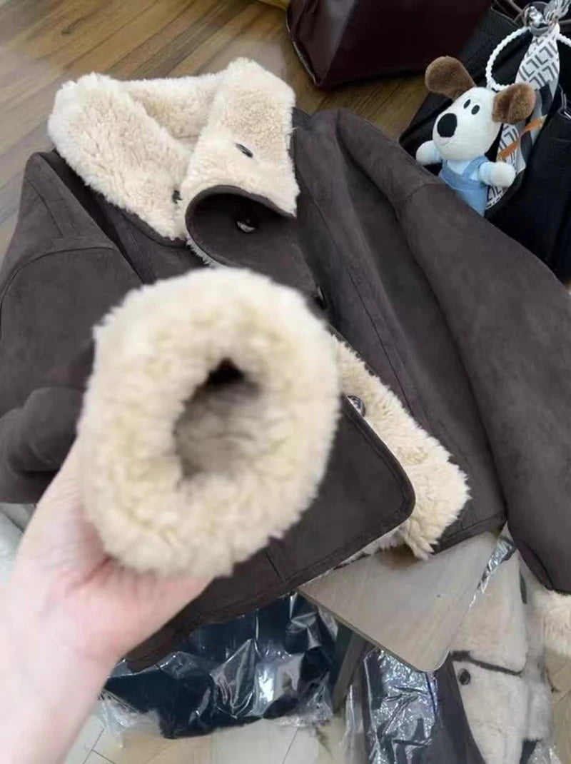 Dicke Lamm Warme Jacke für Frauen Winter Mode Doppelseitige Tragen Warme Pelz Mäntel Bf Koreanische Lose Einreiher Revers outwear
