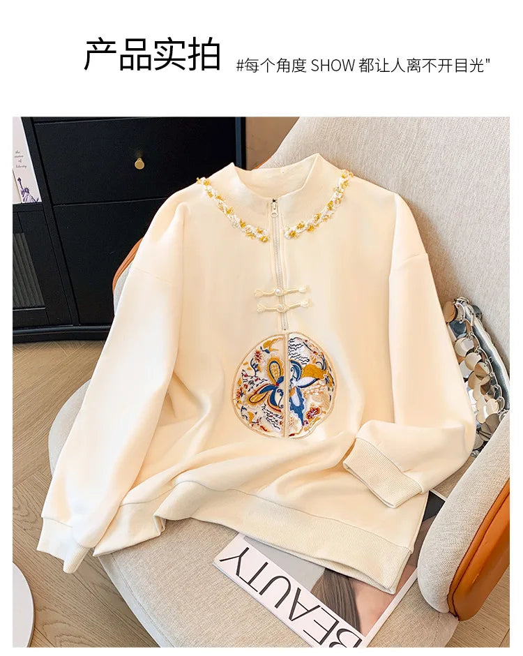 150kg Plus Size Damen büste Frühling Herbst lose neue chinesische Stil Sweatshirt lang ärmel ige geknöpfte Top 5xl 6xl 7xl 8xl 9xl