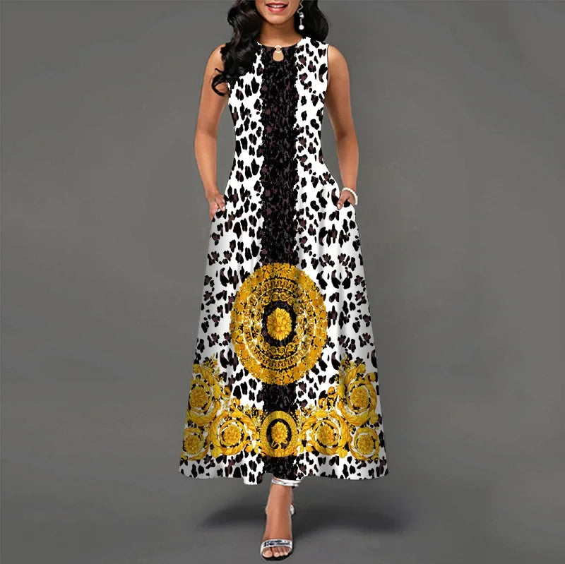 Blumendruck Neues lässiges ärmelloses langes Kleid Damen V-Ausschnitt bedrucktes Kleid Swing Bohemian Retro Kleider