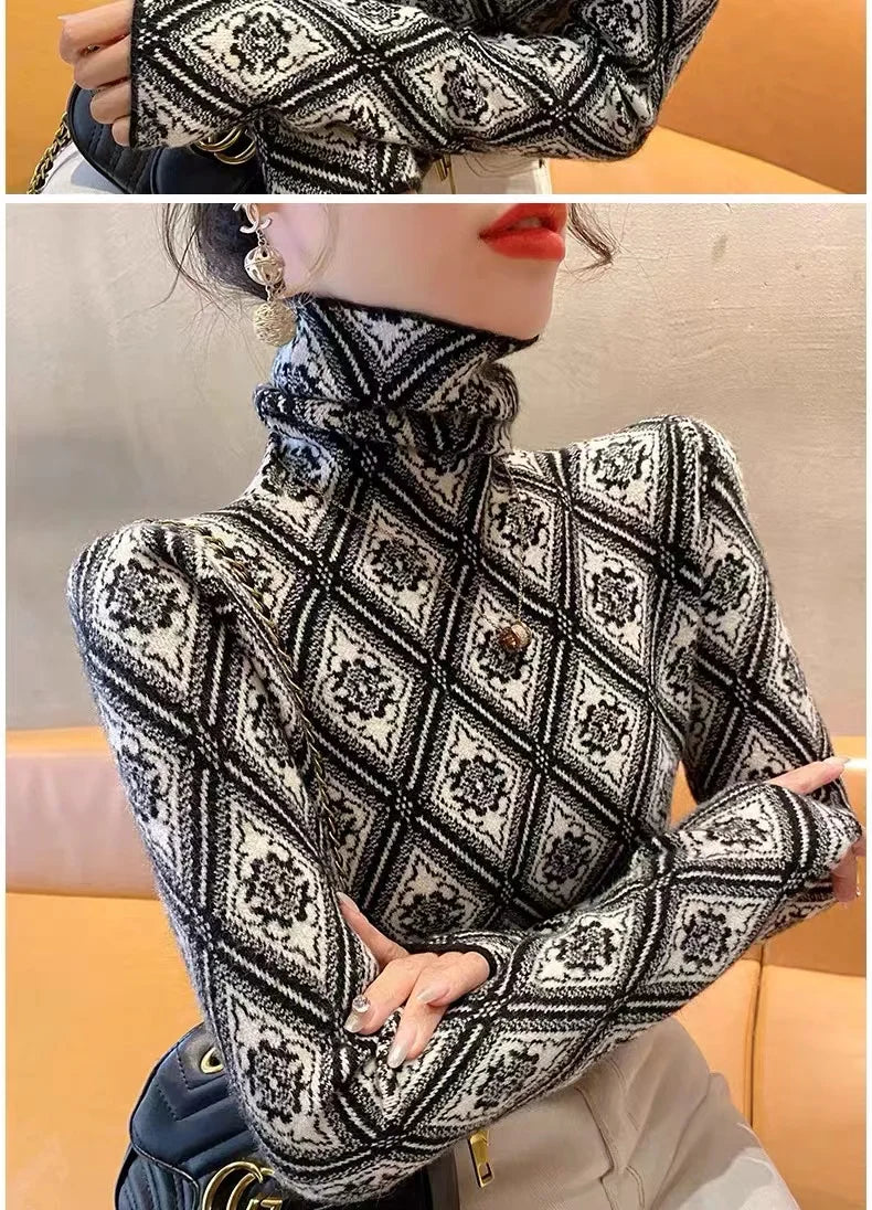 Frauen Kleidung Mode Rollkragen Argyle Stricken Pullover Herbst Winter Elegante Chic Schlanke Langarm Pullover Büro Dame Y2K Top