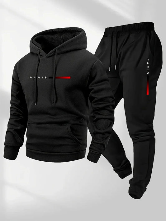 Men's Fleece Warm Hoodies Sets PARIS Printing Tracksuit Autumn Winter Casual Hooded Sweatshirt Drawstring Pants Running Suit.