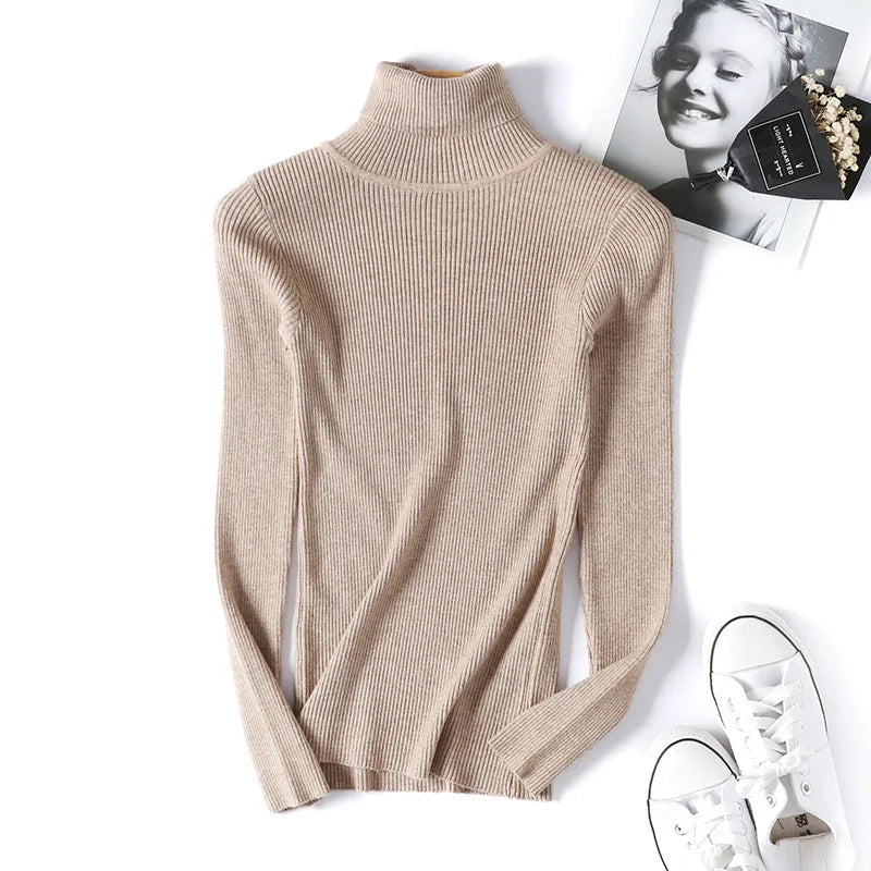 Neue Herbst Winter Frauen Gestrickte Rollkragenpullover Casual Weiche Polo-neck Jumper Mode Schlanke Elastizität Solide Rippen Pullover