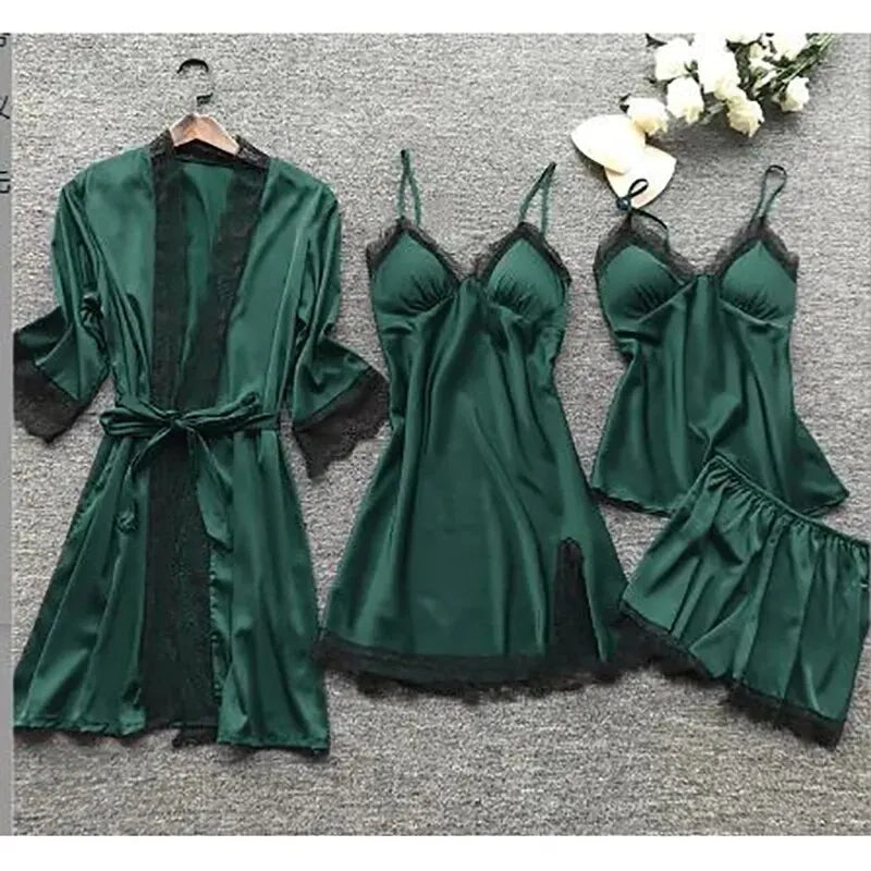4PCS Nachtwäsche Pyjamas Set Seide Frauen Nachthemd Spitze Kleid Robe Schlaf Nachtwäsche Seide Einfarbig Pijama Sets