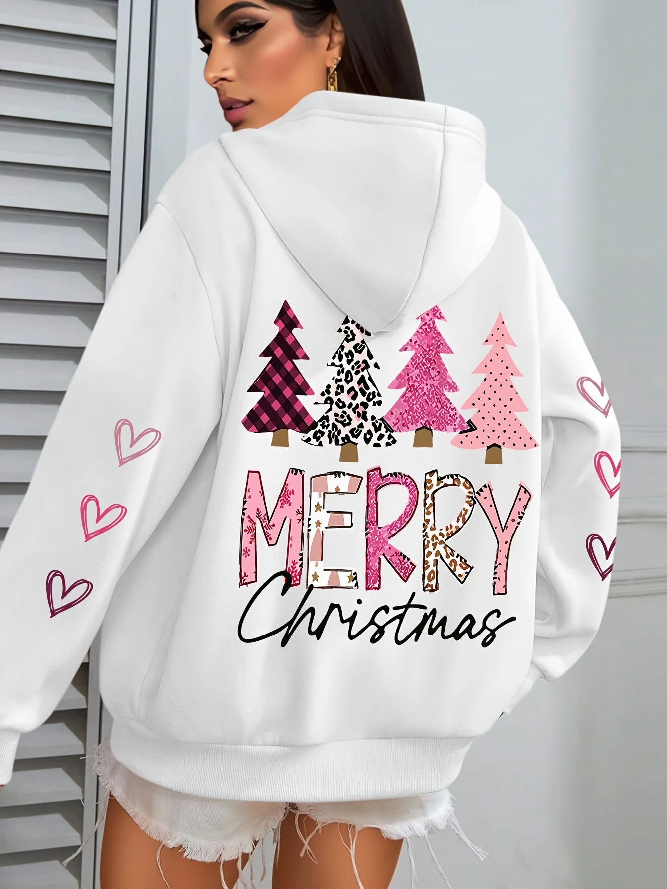Merry Christmas And The Tree Printing Women Hooded Fashion Warm Comfortable Hooded Round Neck Casual Hoodies Fleece Soft Clothes