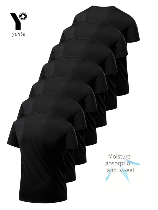 Round Neck T-Shirt 7-Piece Black Ultra-Light Men's Quick-Drying Breathable Sweat-Absorbent Shirt Suitable for Fitness Gym and Ru.