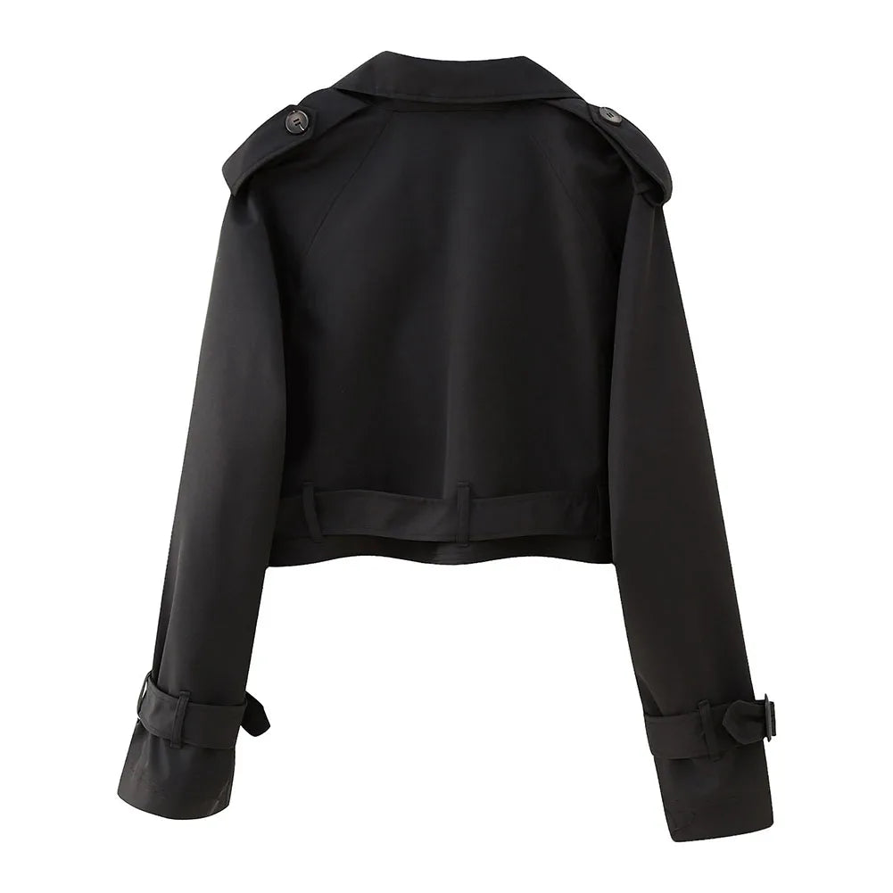 Frauen kurze Blazer Jacken Herbst elegante Vintage einfarbige Langarm Zweireiher Trenchcoat mit Gürtel