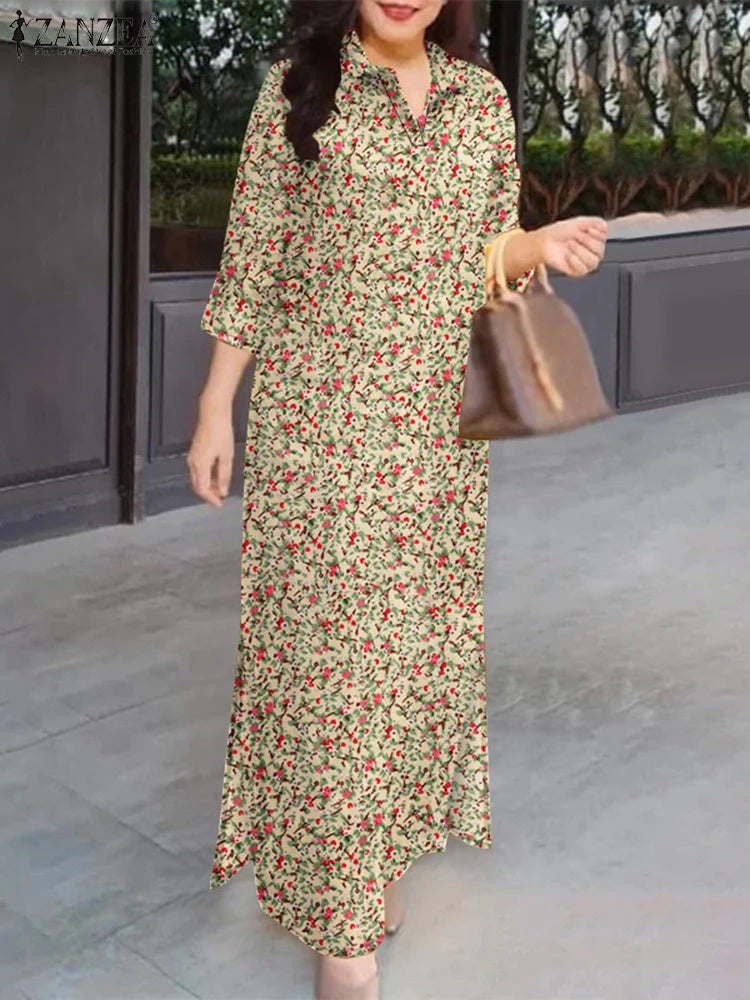 ZANZEA Herbst Sommer Floral Bedruckte Kleider Frauen Maxi Sommerkleid Bohemian Casual 3/4 Hülse Urlaub Vestidos Kaftan Robe Femme