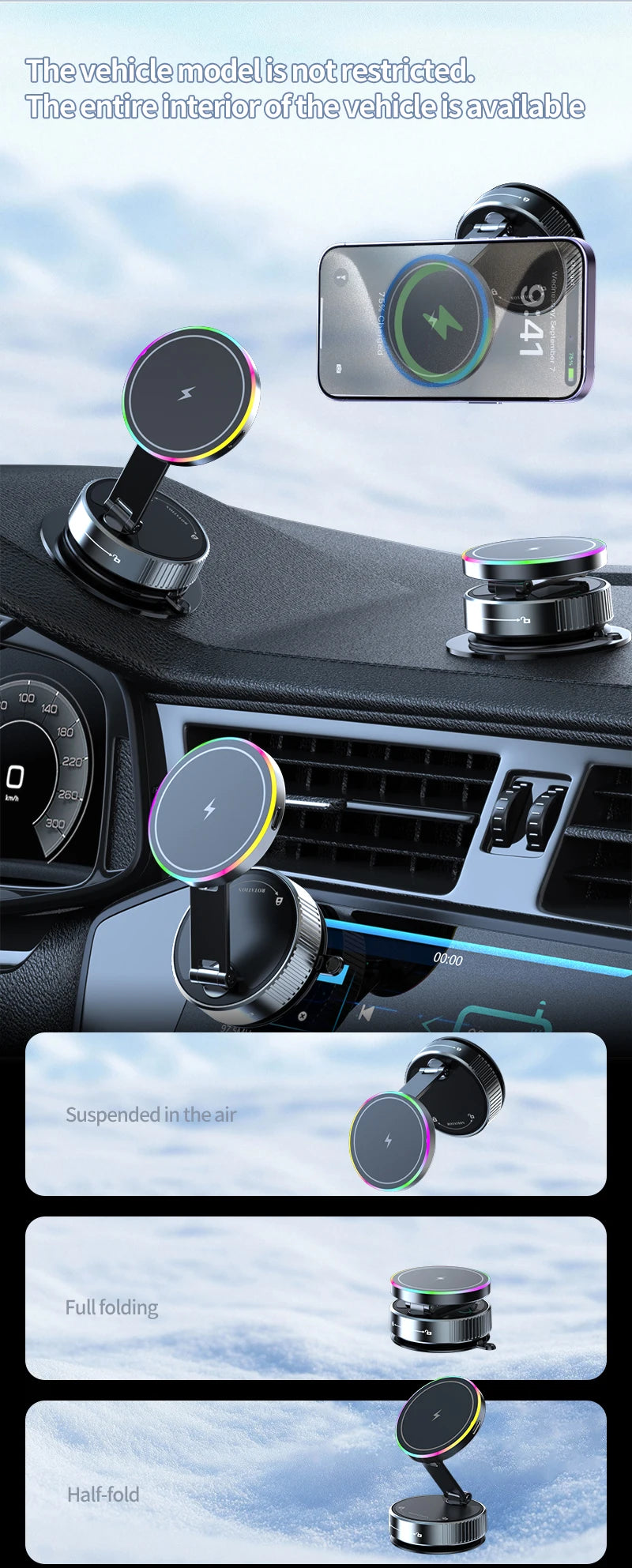 2025 New K3 Wireless Charger Car Phone Holder Colorful Light Vacuum Suction Cup Charging Can 360° Rotate Foldable Phone Holder.