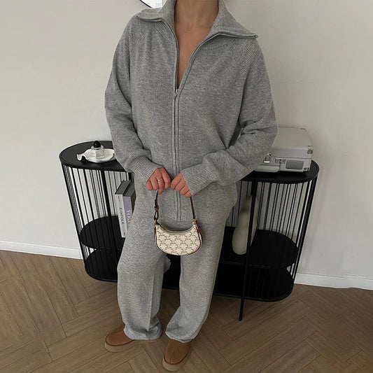 Tornova Zipper Strickjacke Pullover Anzug Weibliche Gestrickte Langarm Casual Mantel Breitbeinig Hosen Pullover frauen Zwei Stück Set