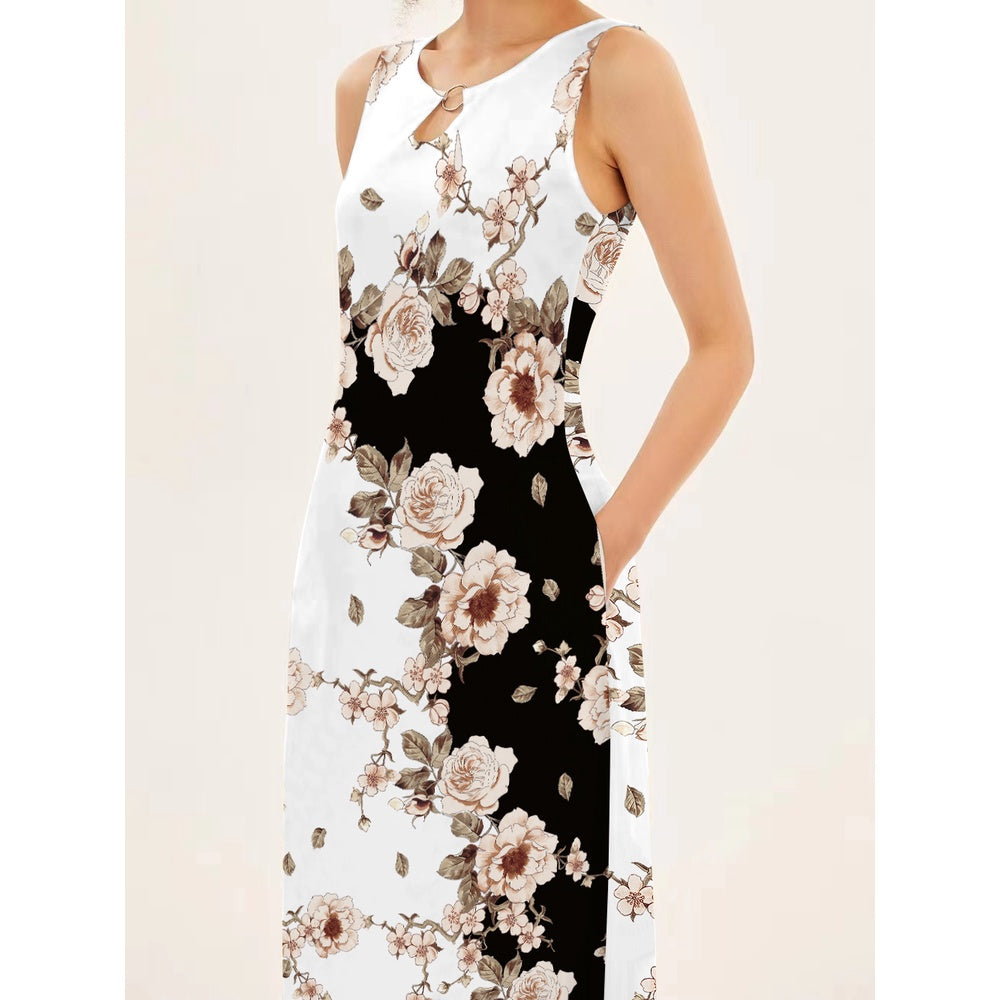 Blumendruck Neues lässiges ärmelloses langes Kleid Damen V-Ausschnitt bedrucktes Kleid Swing Bohemian Retro Kleider