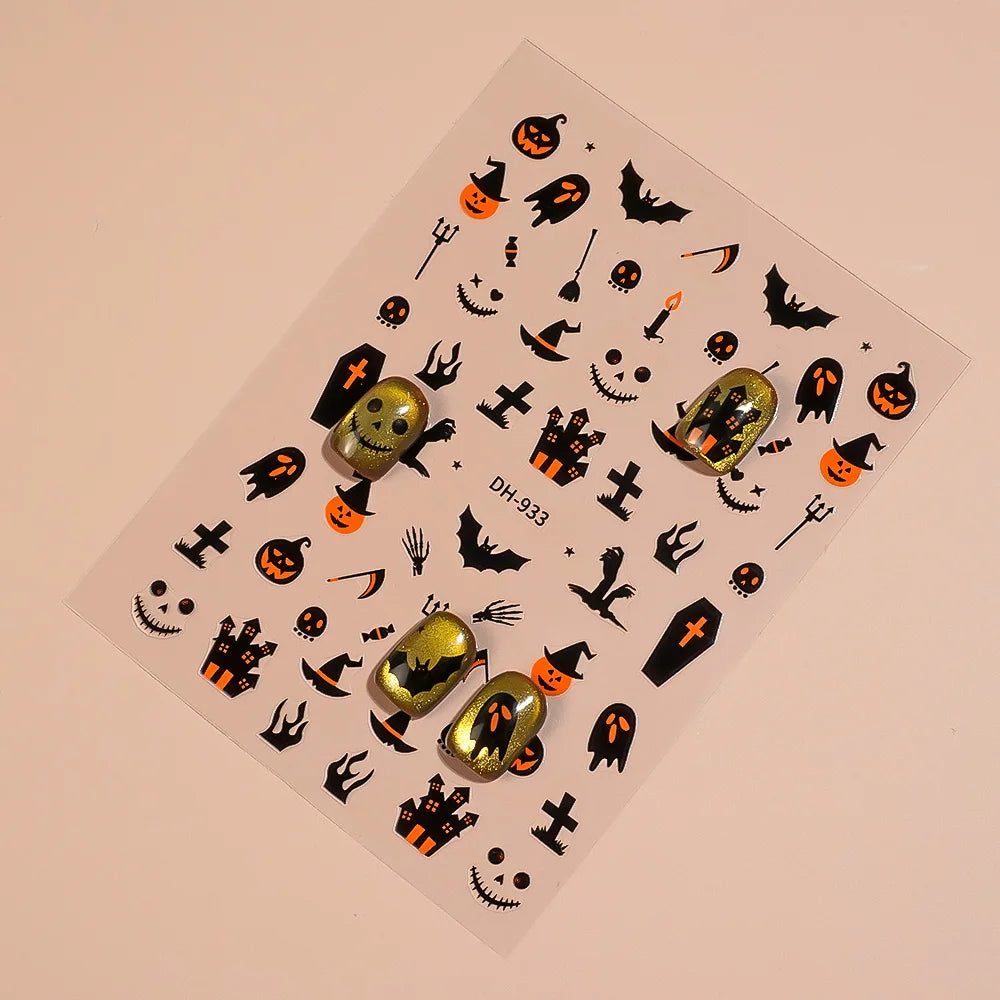 1/5pcs Demon Pumpkin Bat Skull Nail Art Stickers Halloween Dark Style Nail Stickers DIY Self Adhesive Manicure Decoration Decals.