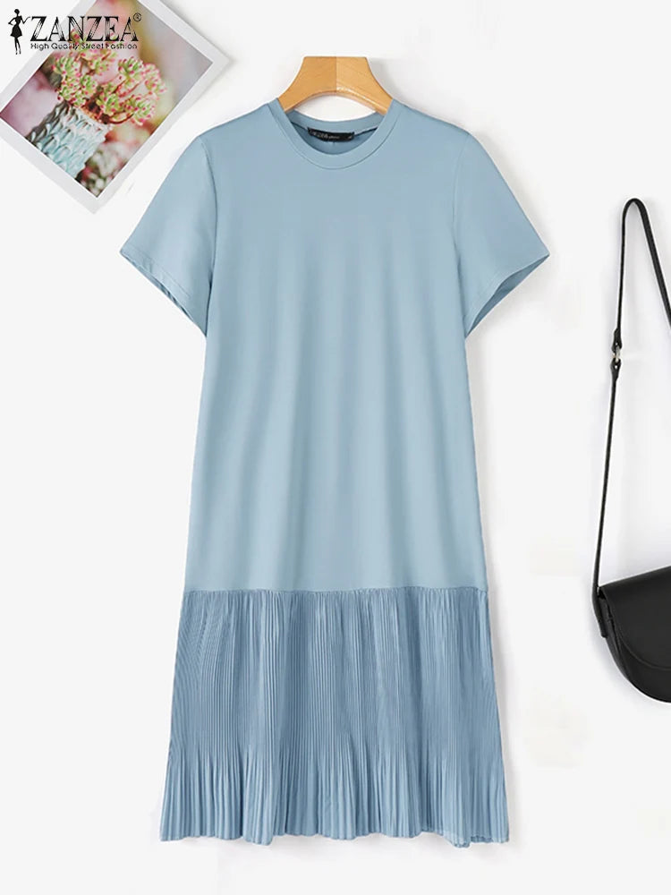 Zanzea lässig solide plissierte Kleid Frauen Sommer Kurzarm knielange Robe 2024 koreanische lose einfache Patchwork Vestido Overs ize