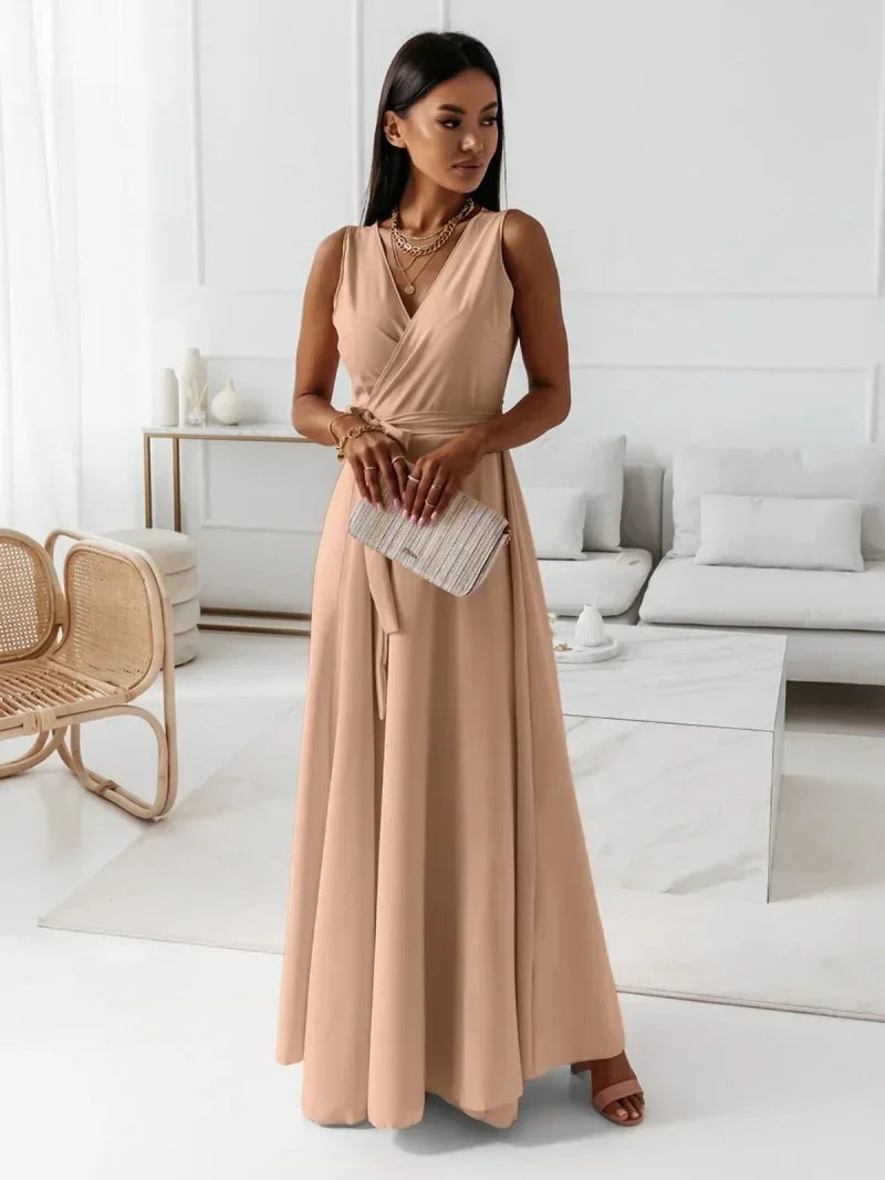 Frühling Sommer Neue Stil frauen Lange V-ausschnitt Kleid Reine Farbe Maxi Kleid Ärmelloses Empire-Taille Kleid für Damen Modische