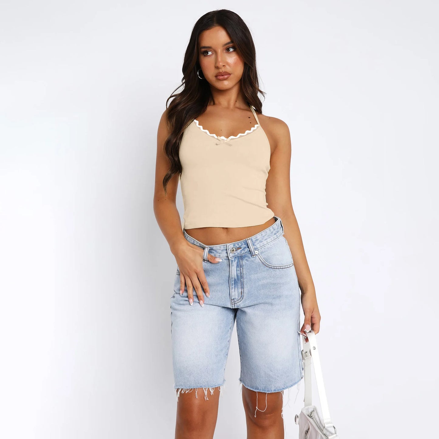Neue Hals hängende Weste Damen Y2K Sexy Crop Top mit freiliegendem Nabel BM Strapsbasis und ärmelloses Slim Fit Top Tank Top