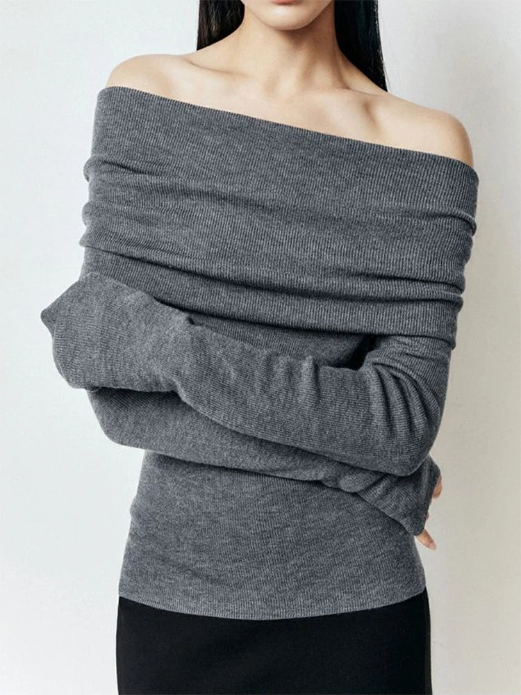 Slash Neck Pullover Frauen Tops Gestrickte Dünne Grundlegende Alle-spiel Sexy Elegante Off Schulter Herbst Winter Langarm Pullover weibliche