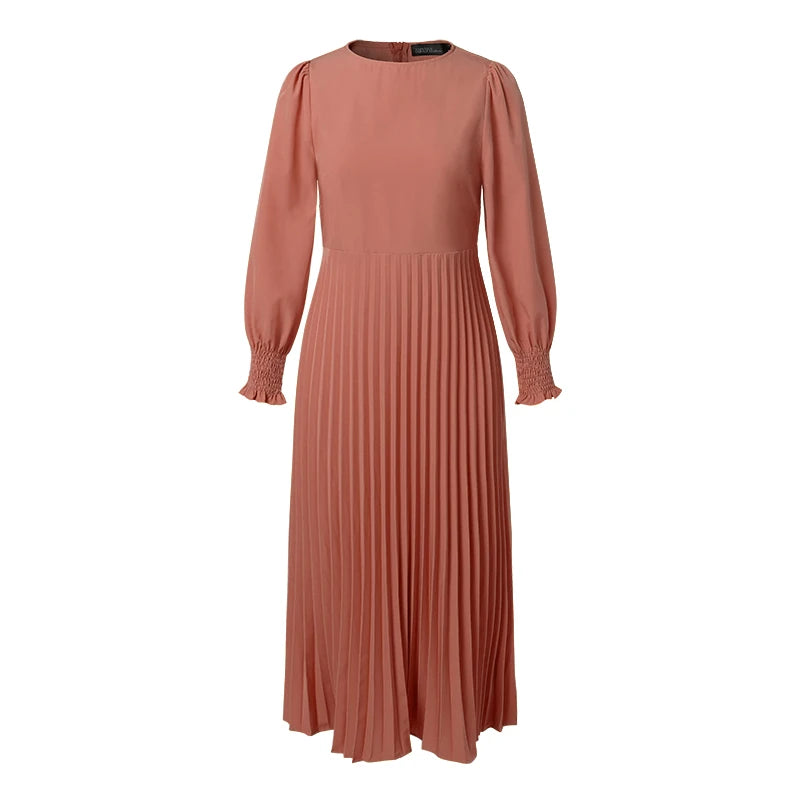 ZANZEA Elegantes Damen-Plisseekleid, edel, gesmokte Bündchen, langärmelig, O-Ausschnitt, Fit und Flare, lang, Vestidos, Pendeln, solide Party-Roben