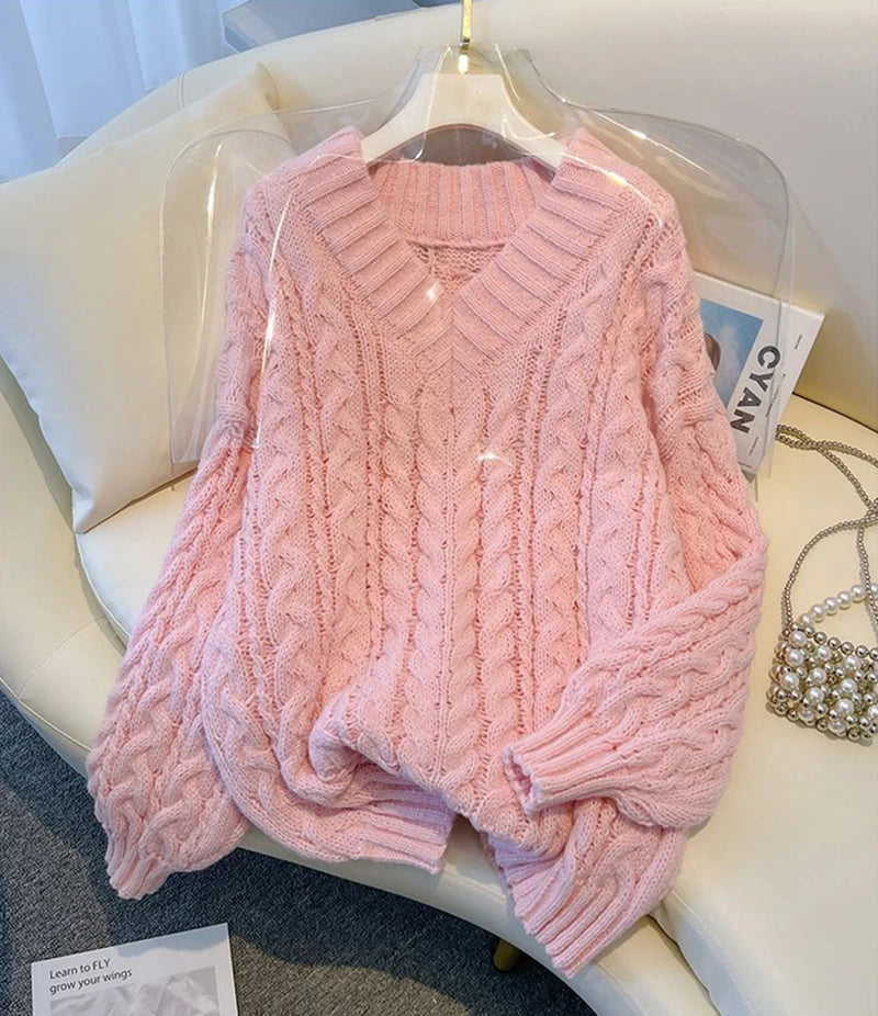 MEXZT Harajuku Pullover Frauen Mode Übergroßen Rosa V-ausschnitt Gestrickte Pullover Koreanische Langarm Strickwaren Winter Casual Jumper