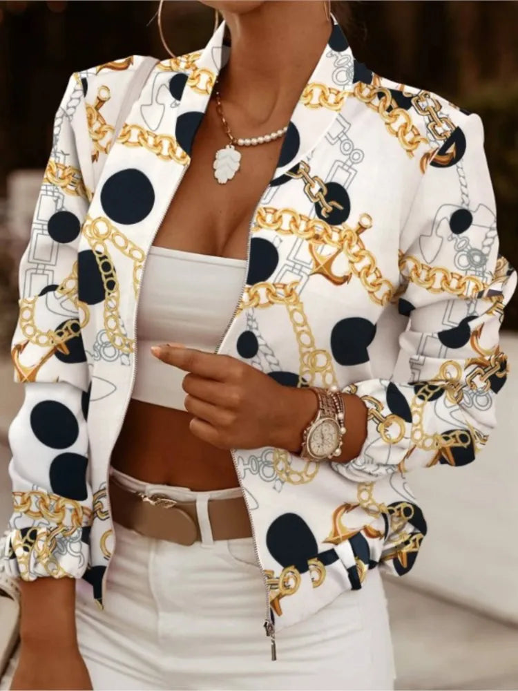 Mode Frauen Jacken Dünne Kurze Mäntel Herbst Vintage Print Lange Sleeve Zipper Dünne Jacke 2024 Casual Oberbekleidung Weibliche Jacke