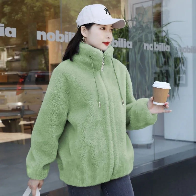 Frauen Winter Doppel Korallen Fleece Warme Mantel Stehkragen Plüsch Dicken Mantel Weibliche Mode Casual Langarm Zipper Kleidung