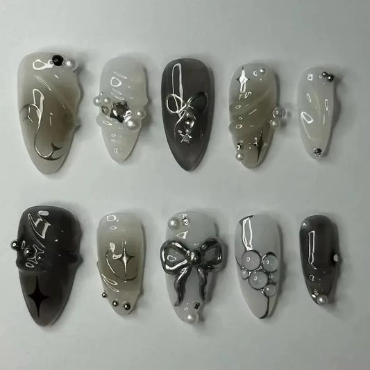 24Pcs False Nails Spicy Girl Silver Bow with Diamond Fake Nails with Glue Almond Press on Nails Black Cool Y2k Almond Nail Set.