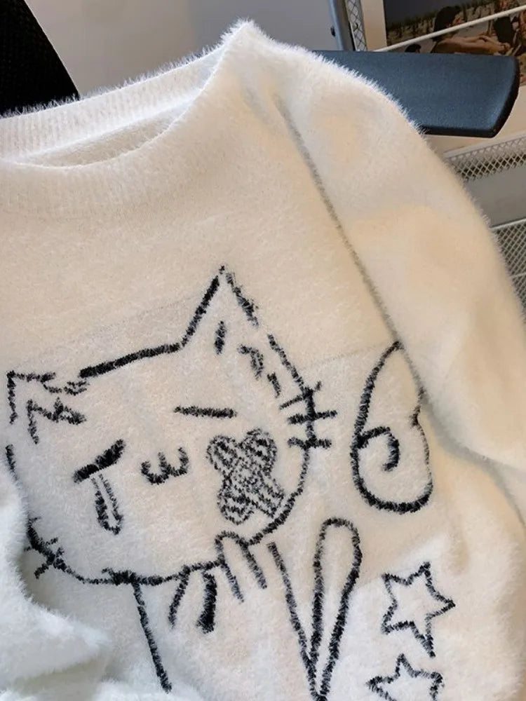 Vintage Preppy Kawaii Cartoon Jacquard Pullover Süße Harajuku Lose Grunge Pullover Y2k Ästhetische Frauen Weiße Gestrickte Pullover