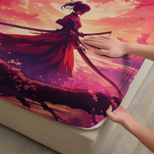 1pc 3D Fitted Sheets Set Sunset Samurai Cherry Blossom Tree Pattern Bedding Set Printed Customized For Man And Kids Decorate.