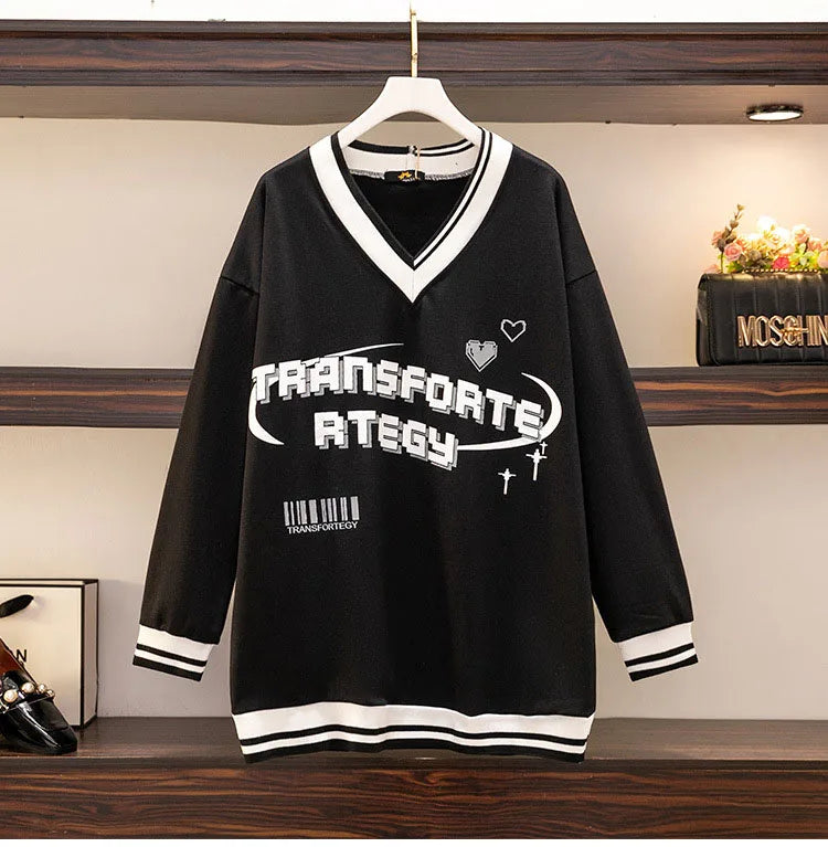 150Kg Plus Größe frauen Fehlschlag 157 Frühling Herbst Lose V-ausschnitt Langarm Drucken Sweatshirts Lässige Top Schwarz 5XL 6XL 7XL 8XL 9XL