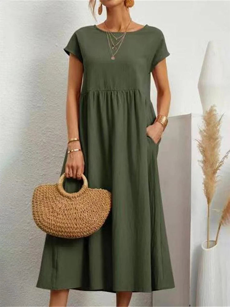 Vintage Solide Midi Kleid Casual Kurzarm Baumwolle und Leinen Harajuku Übergroßen Langes Kleid Frauen Sommer Y2K Maxi Sommerkleid 2023
