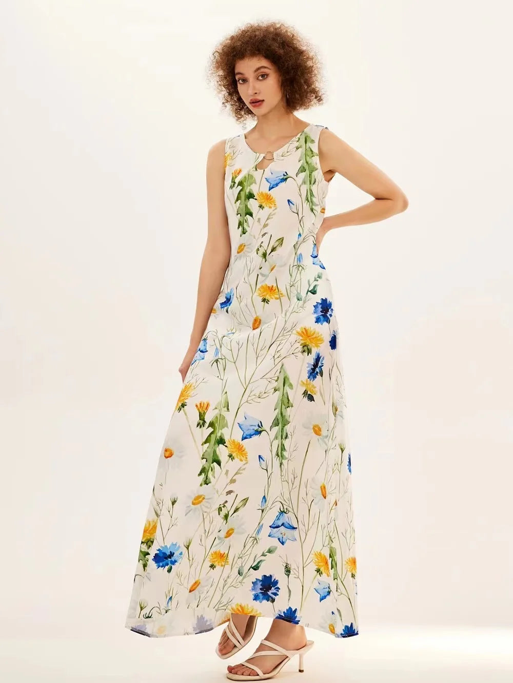 Blumendruck Neues lässiges ärmelloses langes Kleid Damen V-Ausschnitt bedrucktes Kleid Swing Bohemian Retro Kleider
