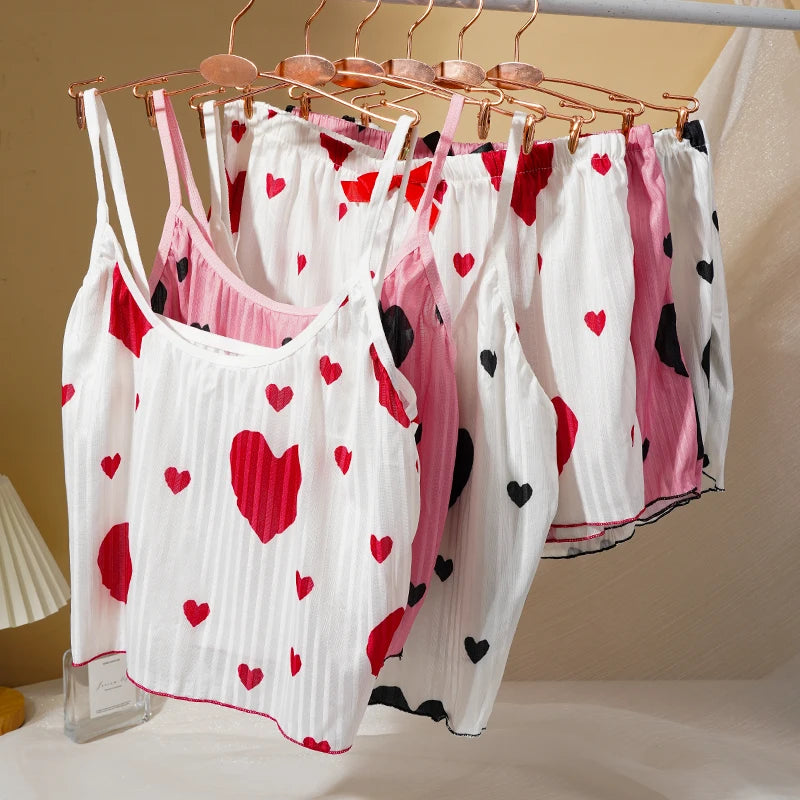 Damen-Pyjama-Set mit Herz-Print, süßes sexy Straps-Top, Shorts, lässiges Heim-Nachtwäsche-Set, bequeme Baumwoll-Loungewear