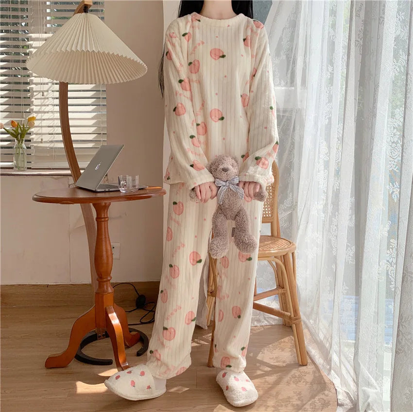 Winter-Damen-Pyjama-Homewear-Anzug, neues warmes Set aus Korallen-Fleece für Herbst und Winter, bequemer warmer Pyjama-Homewear-Anzug
