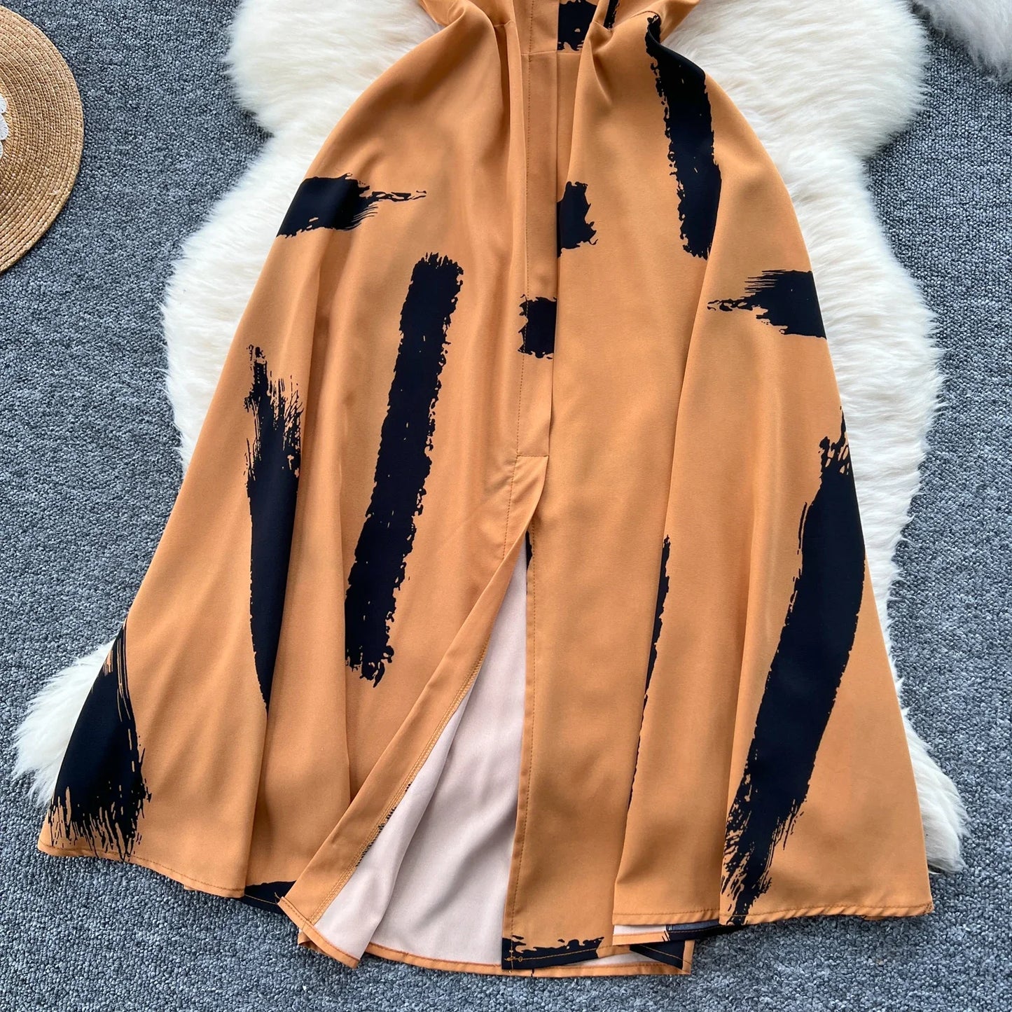 Neue Sommer Druck Süße Kleid Träger O Neck Backless Split Elegante Damen Urlaub Strand Party Midi Sommerkleid